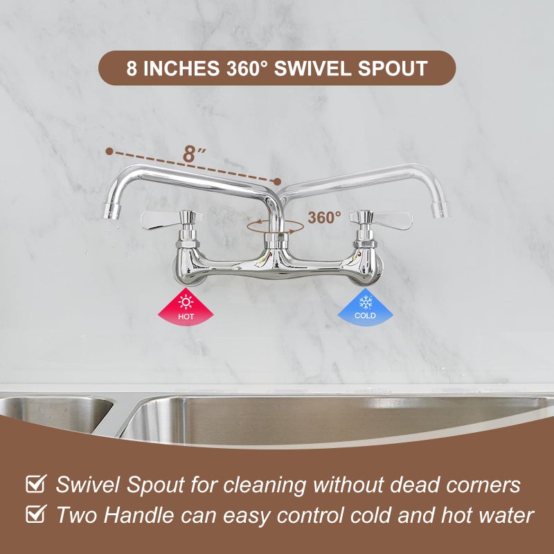Homevacious Utility Sink Faucet Wall Mount Commercial Faucet Kitchen Laundry 8 Inch Swivel Spout 2 Dual Handle Restaurant Industrial Chrome Mixer Tap by Homevacious - Image 2